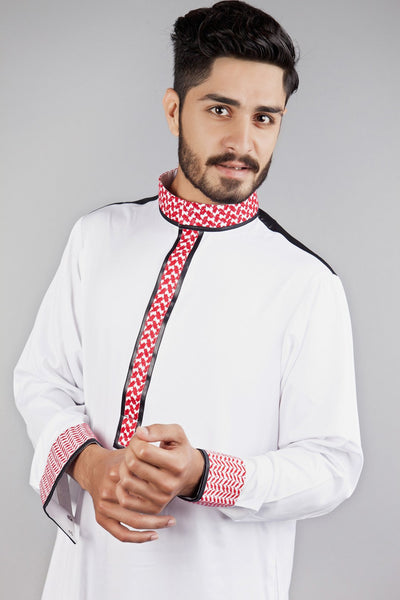 Ultimate White Thobe with
Red White Arabic Texture - CLEARANCE